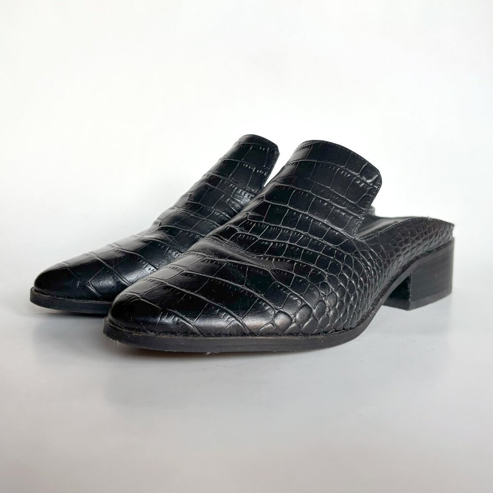 Black Leather Slip-On Loafers, Steven by Steve Madden Croco Textured Mules, sz 6